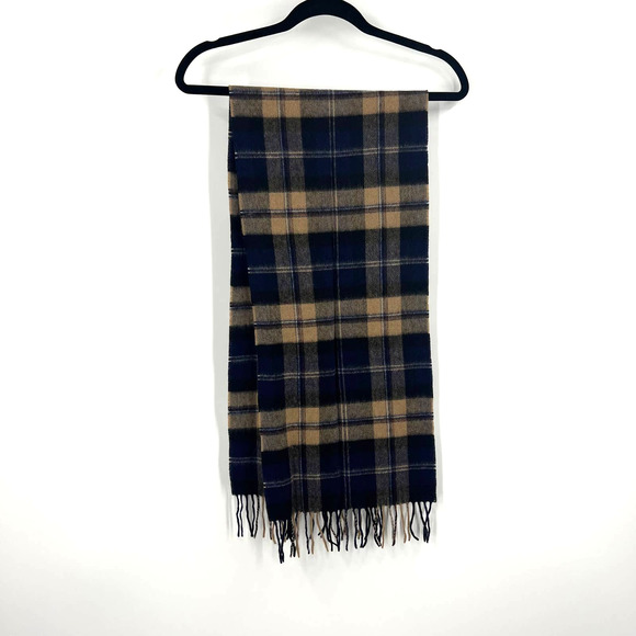 Vintage Warm Winter Scarf 100% Cashmere Plaid Blue Tan Fringe Unisex One Size - Picture 2 of 5